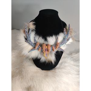 Tangerine Orange Aura Angel Clear Quartz Deer Antler Necklace w Fox Fur